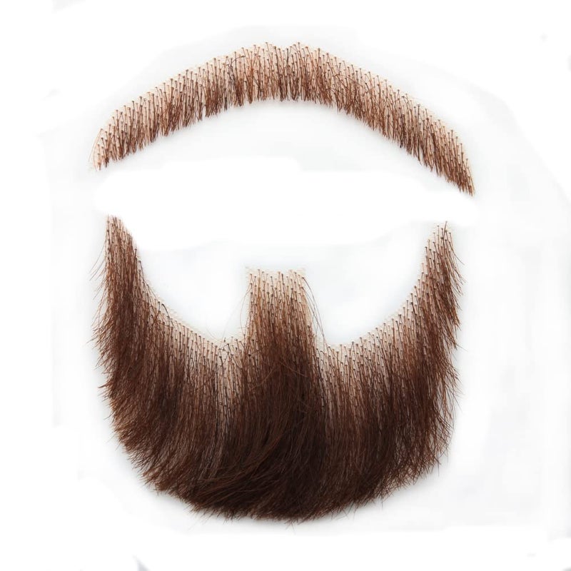 CliCling Human Hair Brown Fake Face Beard and Mustache for Adults Men Realistic Makeup Lace Invisible False Beards - Image 1